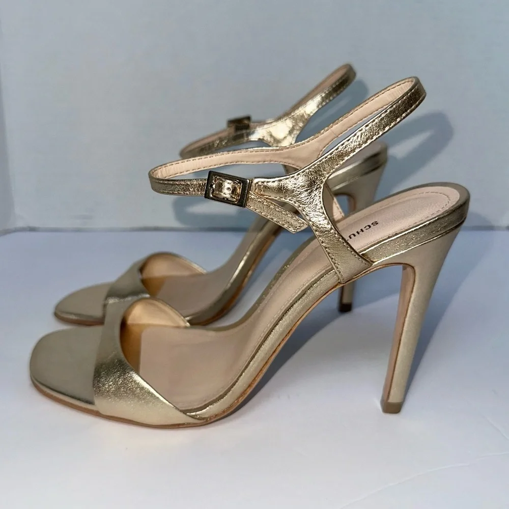 SCHUTZ Women’s Metallic Gold Jade Leather Strappy Stiletto Sandals- Size 7.5